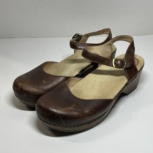 Dansko Brown Leather Mary Jane Platform Clogs Wedge Heels Womens Size 40